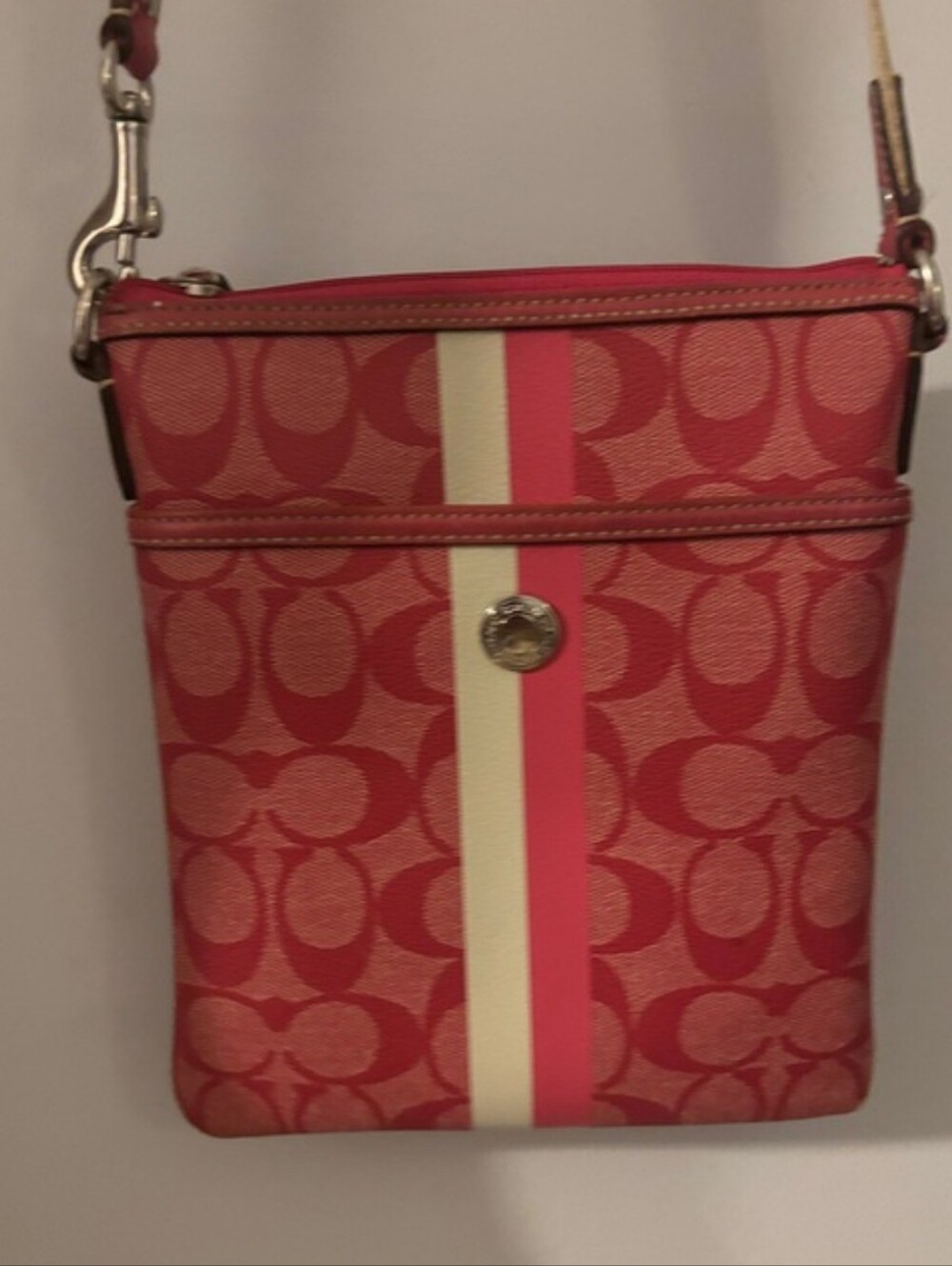 Coach Signature Crossbody Bold Pink with Cream and Bright Pink Stripe (As Is)🩷